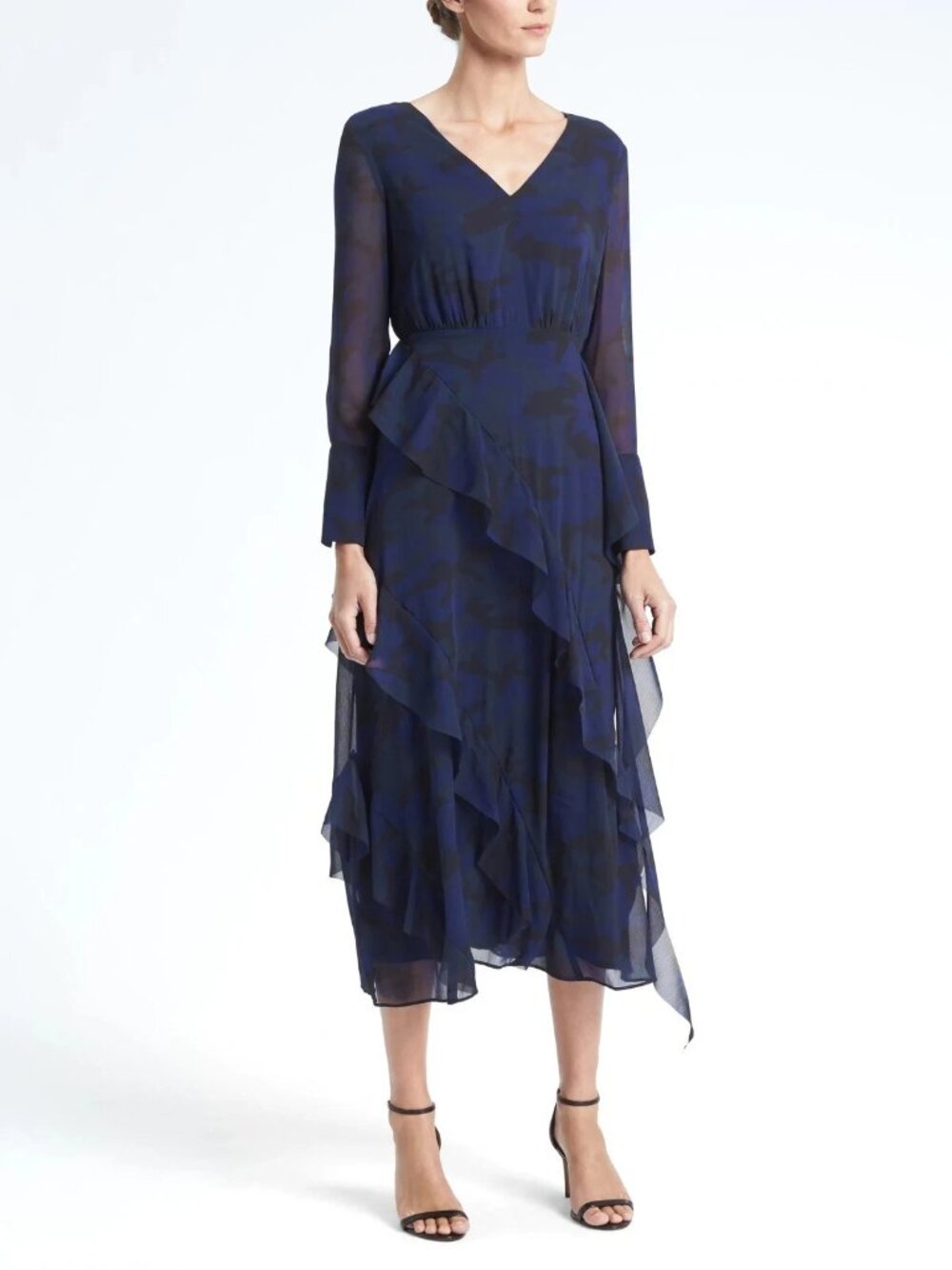 NWT Banana Republic Navy Blue Camo Print Bias Ruffle Chiffon Midi Dress 6